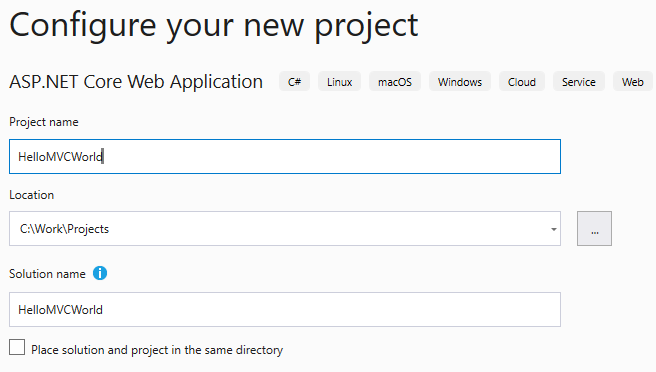 VS New Project dialog - the details