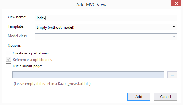 Visual Studio - 新しいビューのダイアログ