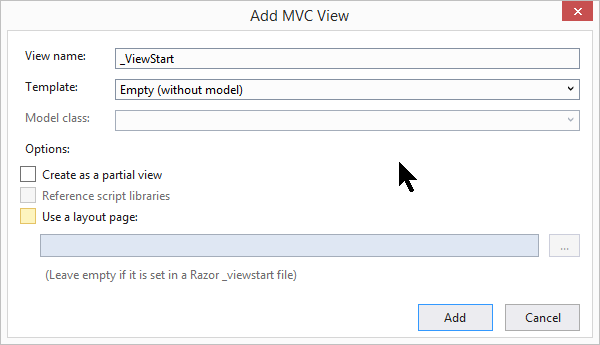 Add ViewStart dialog