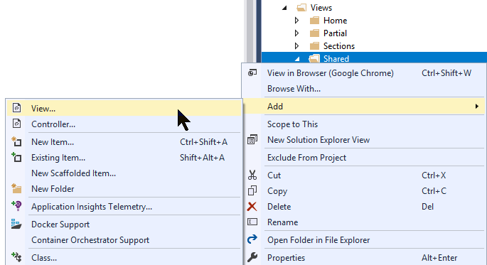 Add Partial View - Menu