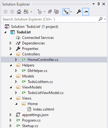 The Visual Studio project structure for the TodoList